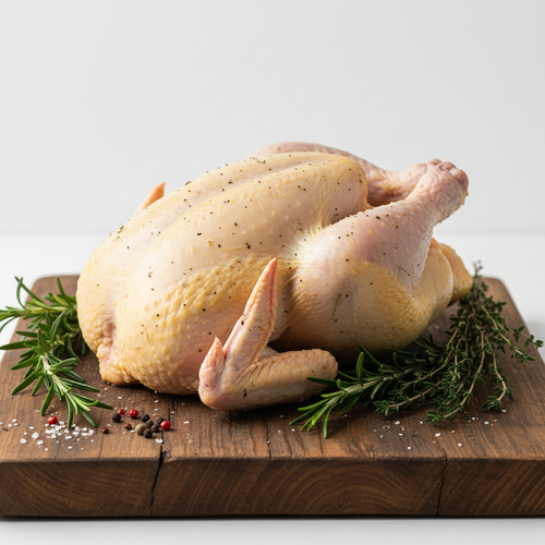 Pasture-raised whole chicken 7 lb on a rustic wooden cutting board with fresh herbs