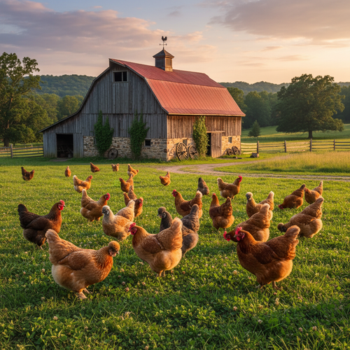 Pasture-raised chickens roaming freely on green grass at Avlee Farms
